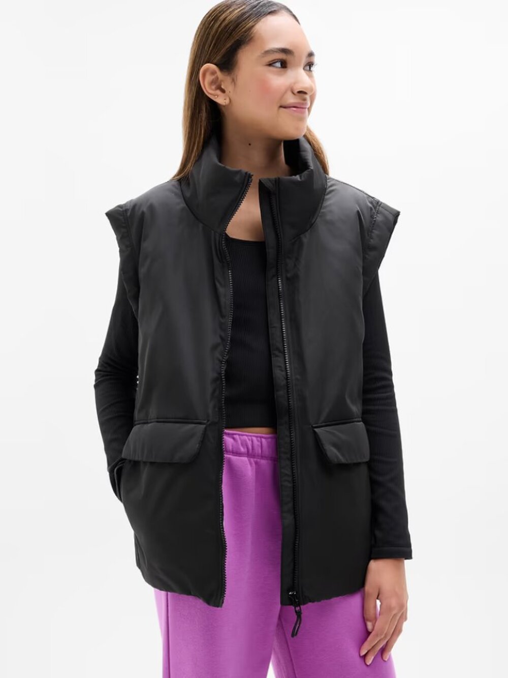 Athleta Girl NEW Black Oversized Long Zippered Puffer Vest Pockets size XXL/16